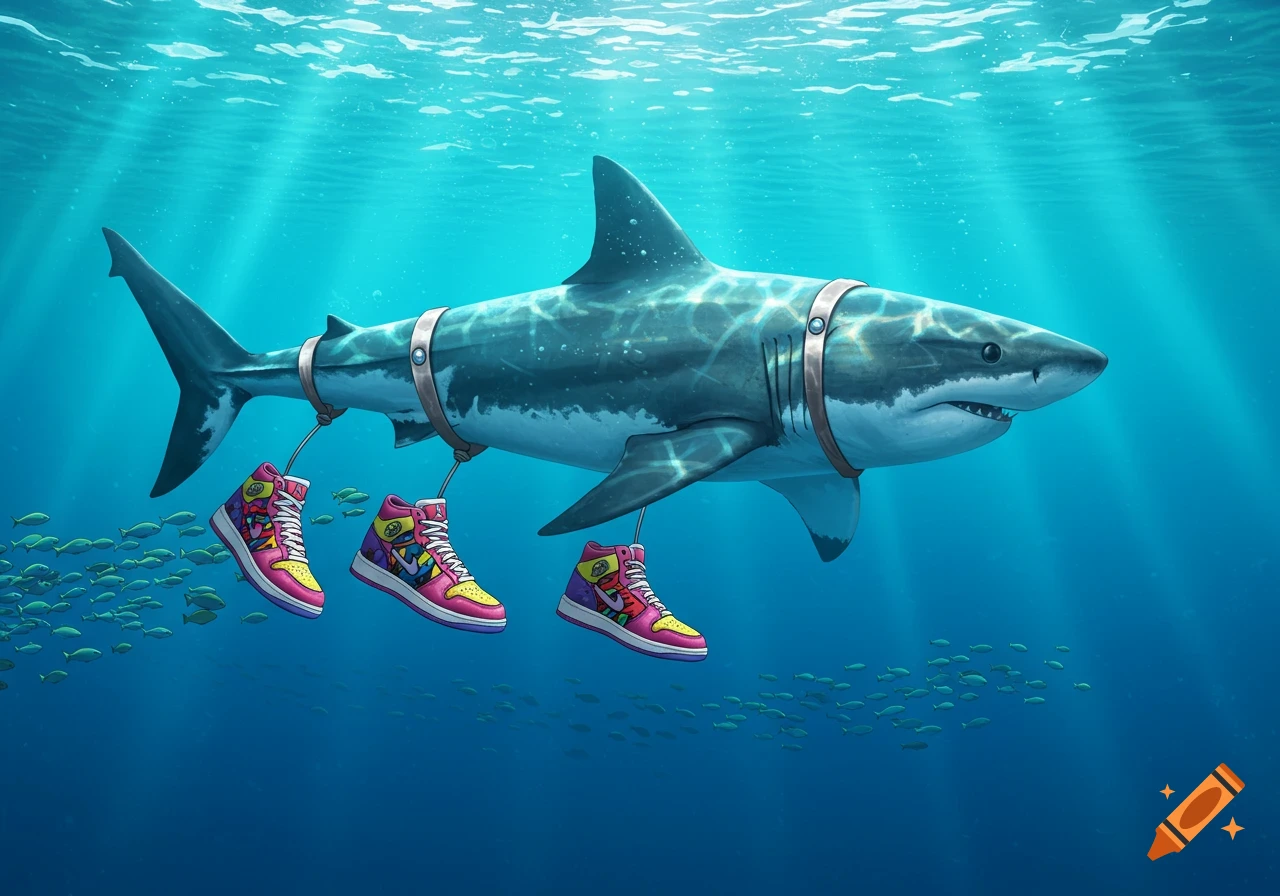 A great white shark wearing three pairs of colorful, high-top sneakers swims in the ocean with schools of fish.