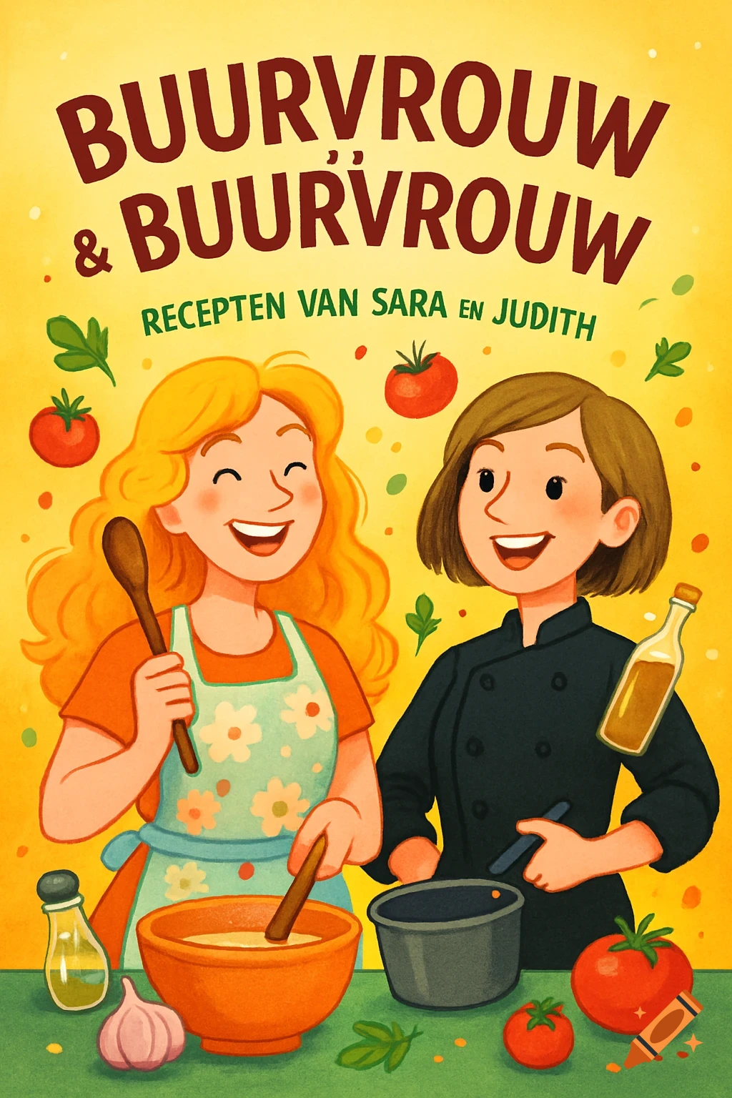 Cartoon cookbook cover showing two smiling women, Sara and Judith, cooking with various ingredients. Text: BUURVROUW & BUURVROUW RECEPTEN VAN SARA EN JUDITH.