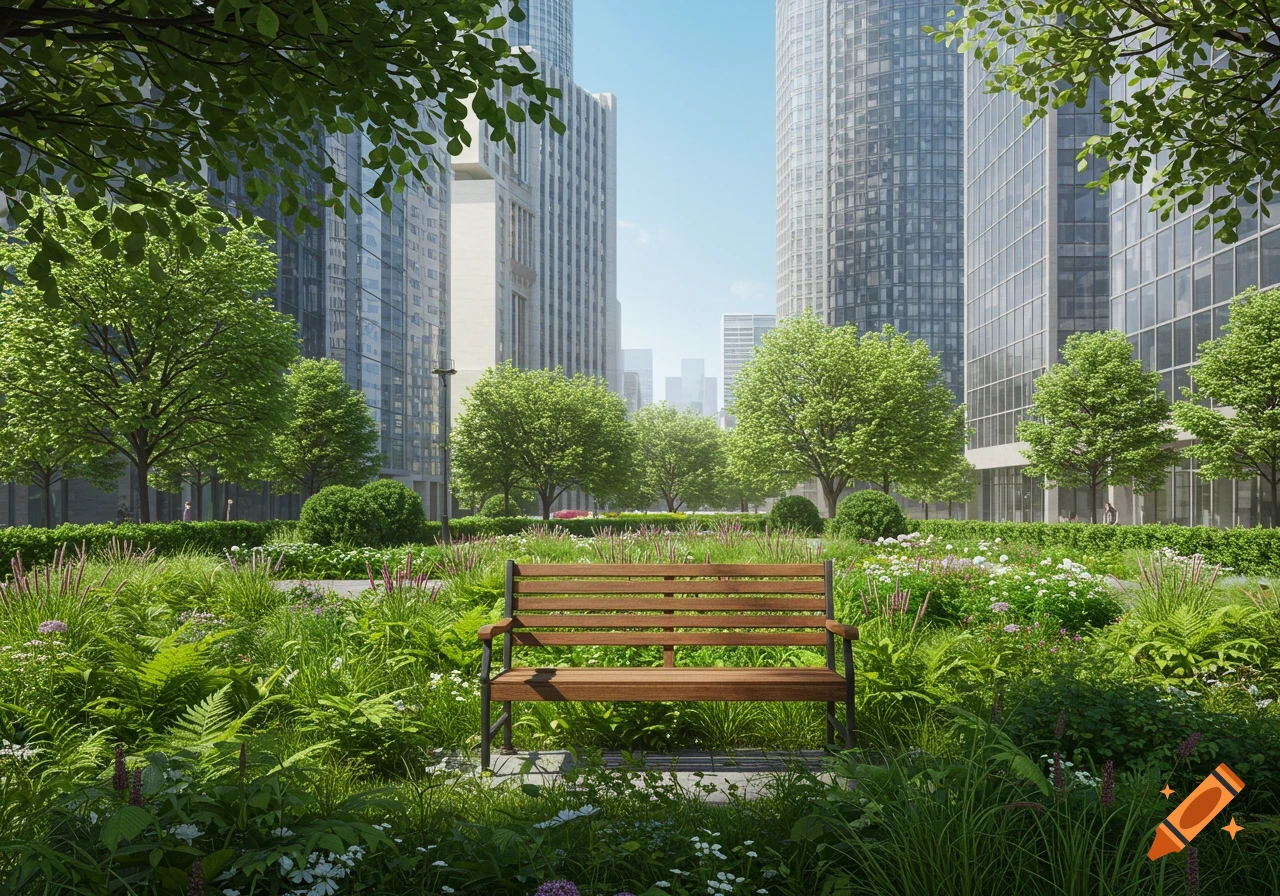 A wooden park bench sits among lush green plants and flowers, with tall, modern skyscrapers in the background under a blue sky.