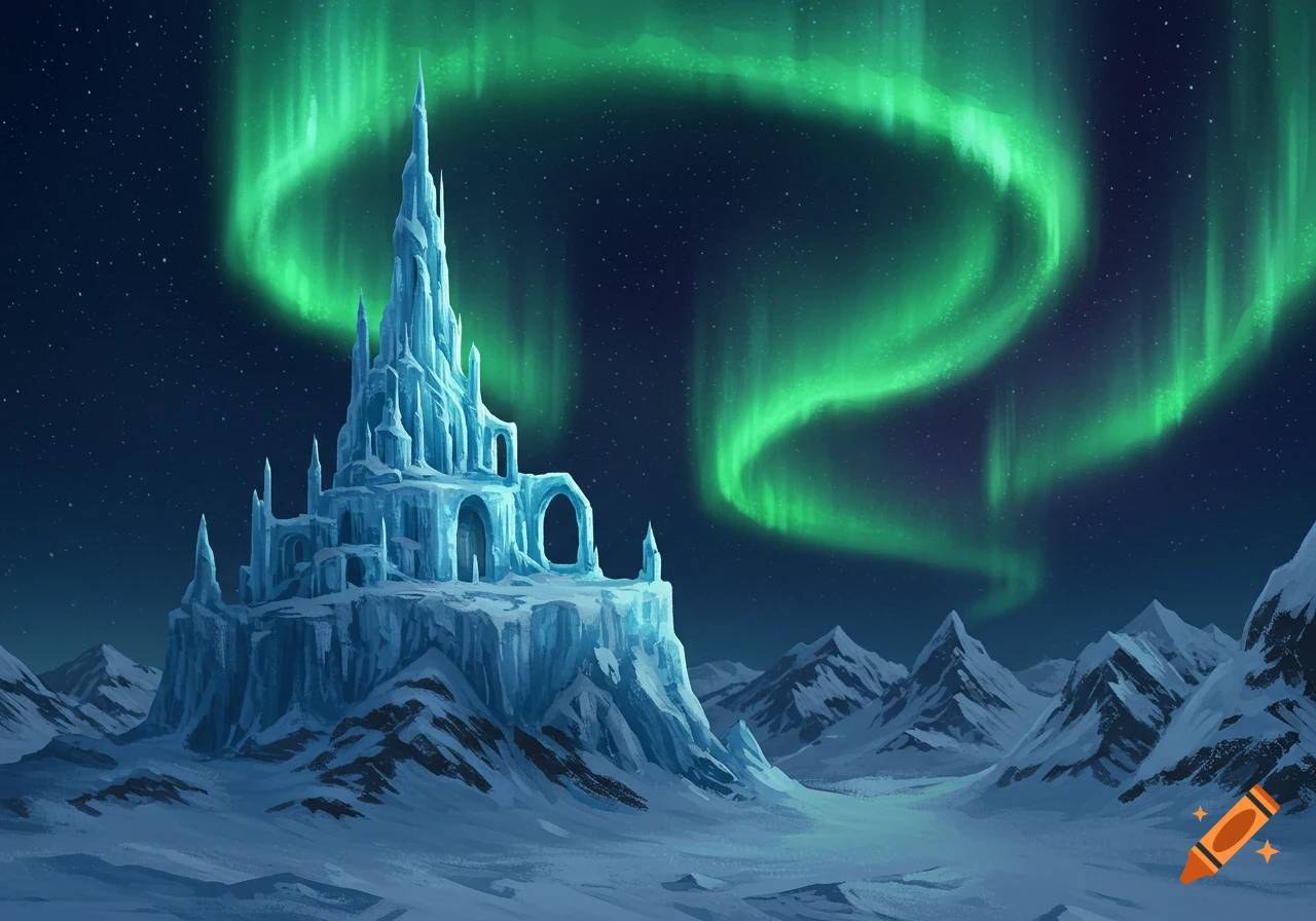 An illuminated ice castle on snowy mountains under a vibrant green aurora borealis.