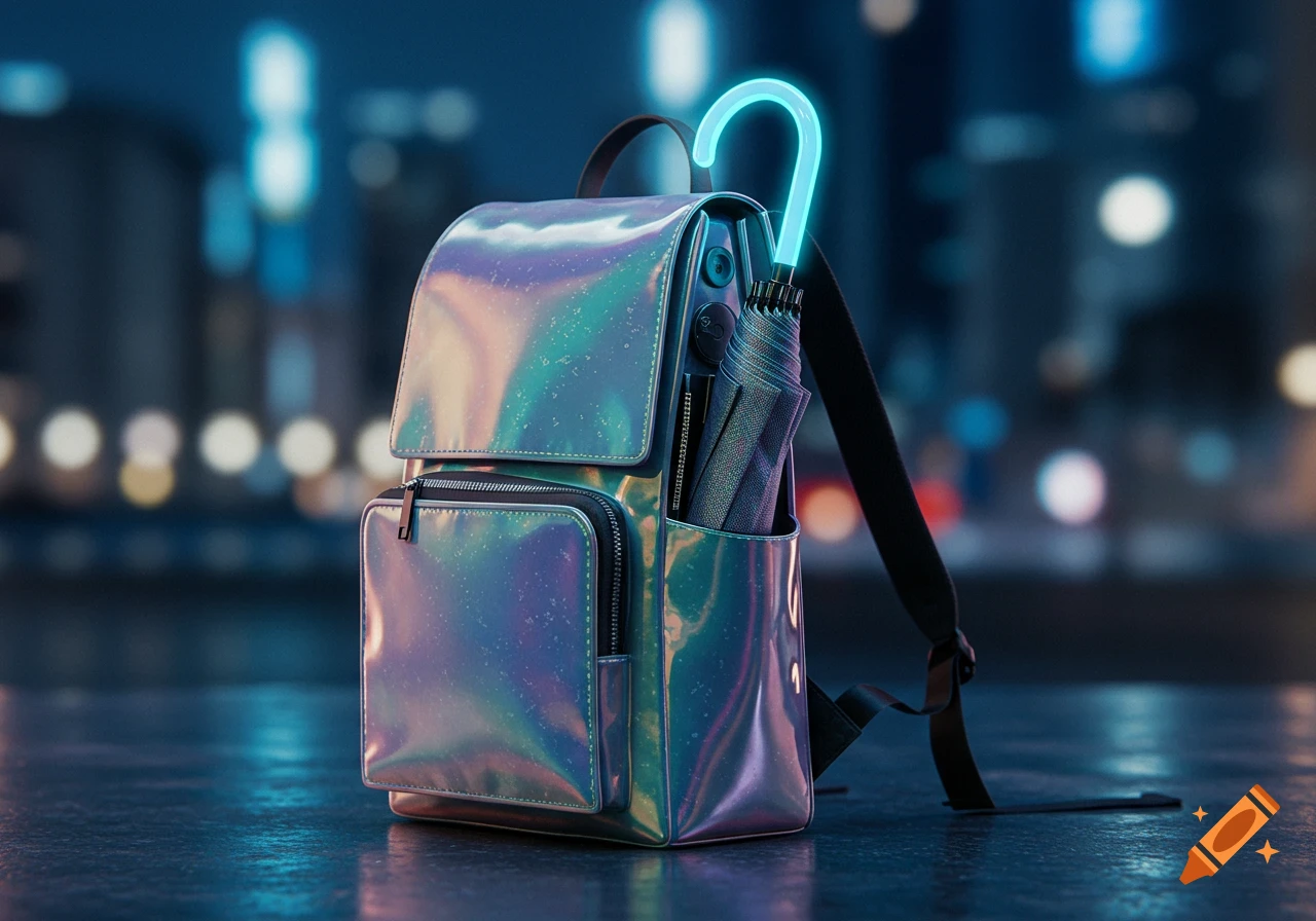 A shimmering, iridescent backpack with a glowing neon blue umbrella handle sticking out, set against a blurred city night background.