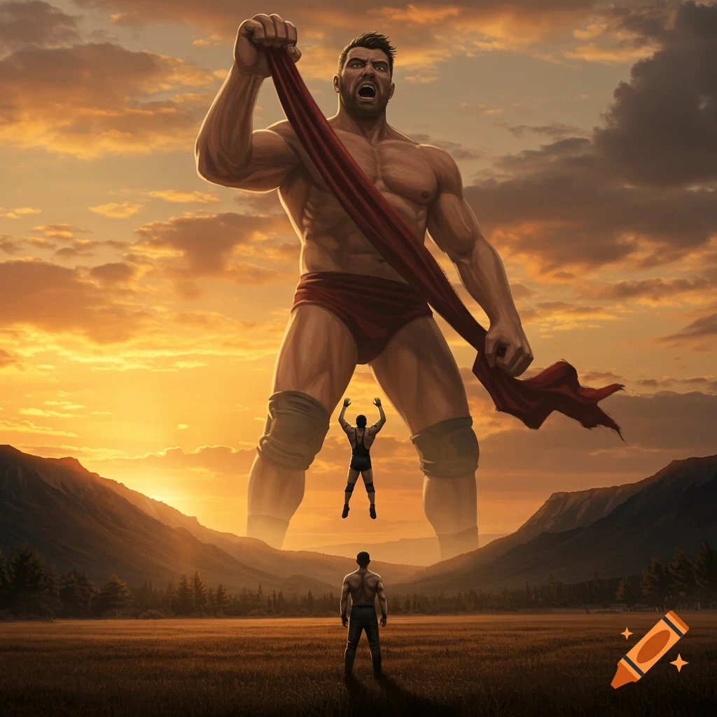 A giant wrestler holds a small wrestler by a red cloth at sunset, as another wrestler watches from a field in a mountainous landscape.
