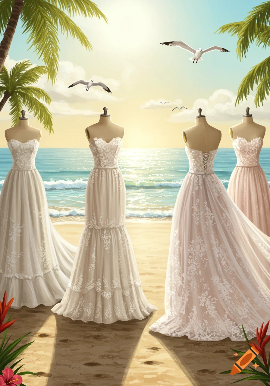 Illustration of four wedding dresses on mannequins on a sunny beach with palm trees and seagulls over the ocean.
