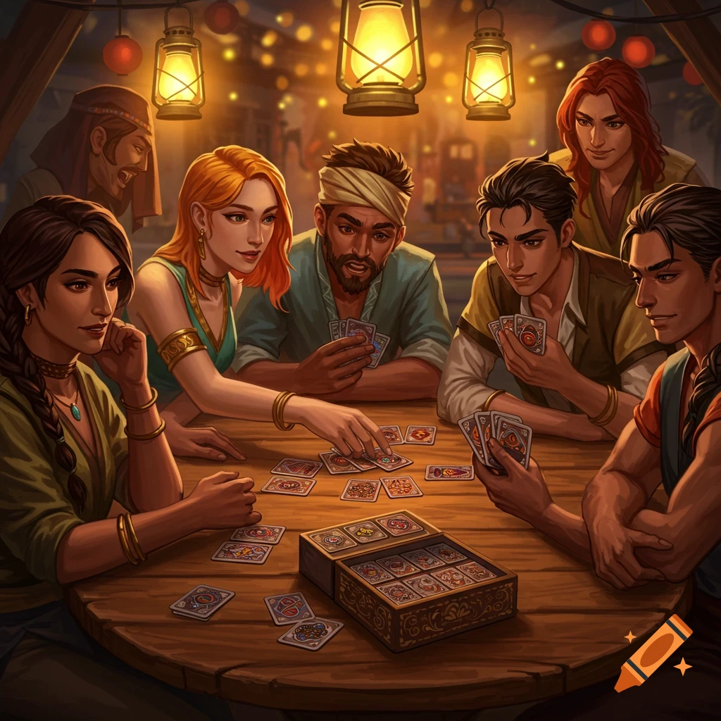 People playing a card game around a wooden table in a dimly lit, cozy tavern, rendered in a digital art style.