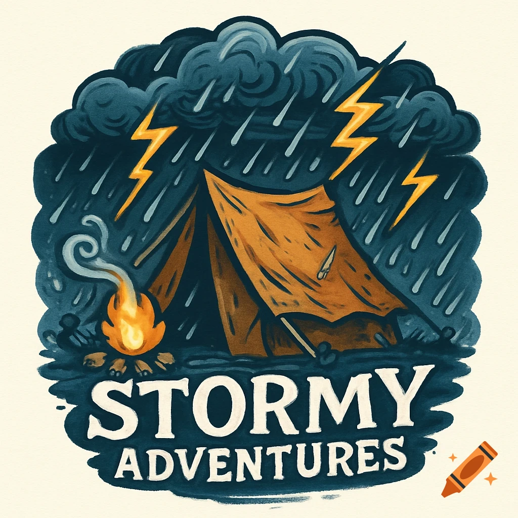 A stylized logo illustration of a tent and campfire in a stormy downpour with lightning, and the words 'STORMY ADVENTURES'.