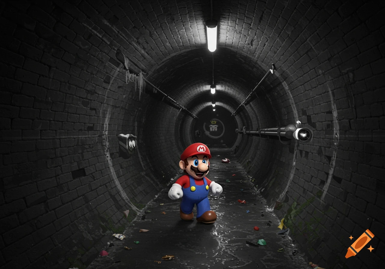 Mario walking through a dark, brick-lined sewer tunnel with overhead lights and scattered trash on the wet ground.