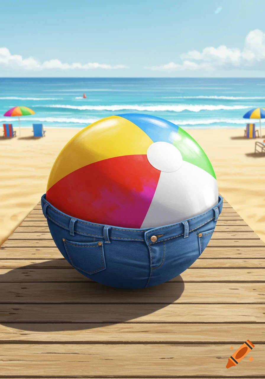 A colorful beach ball wearing blue jeans on a wooden boardwalk at a sunny beach.