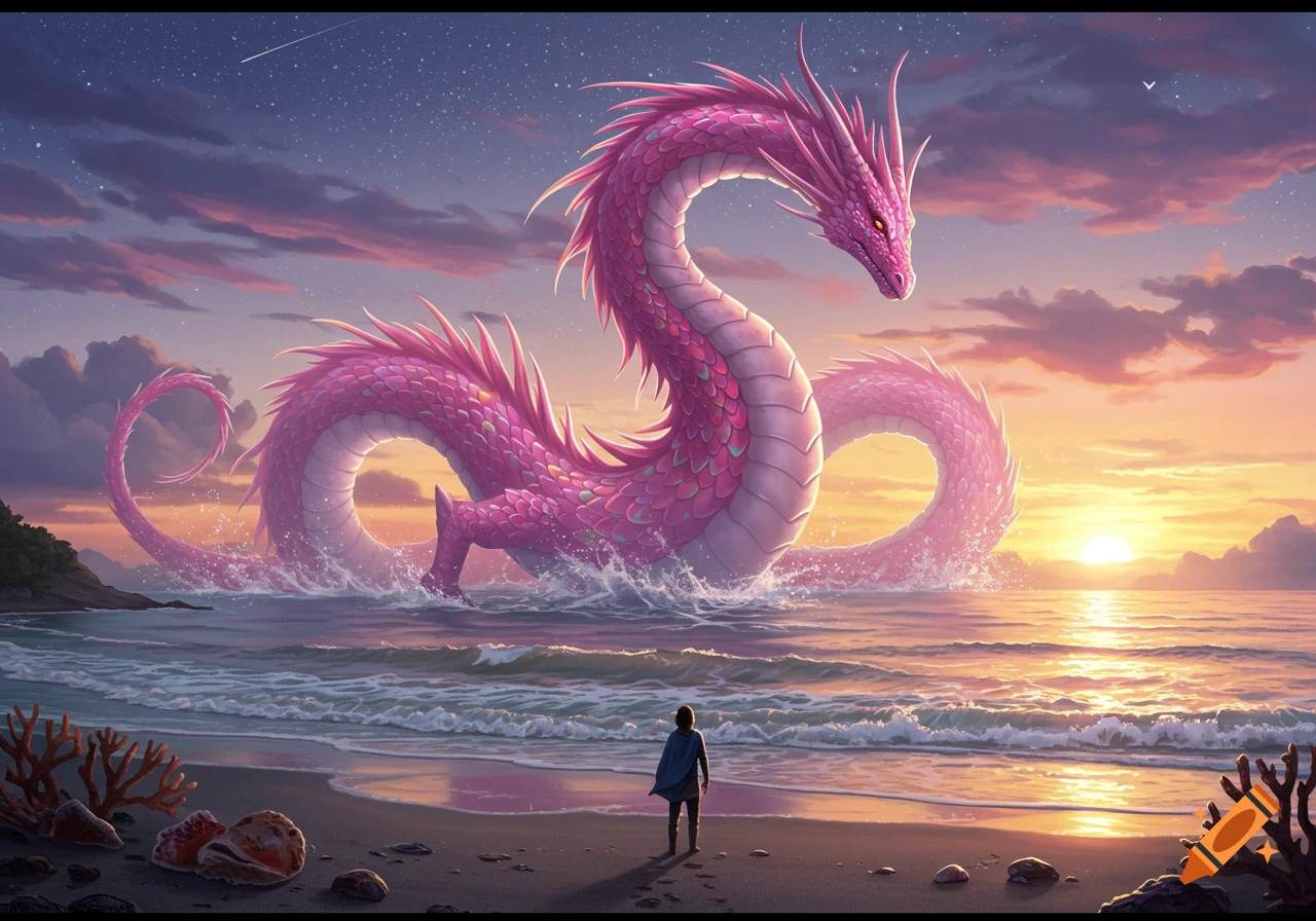 A giant pink sea dragon with scales emerges from the ocean as a person watches from a sandy beach at sunset.