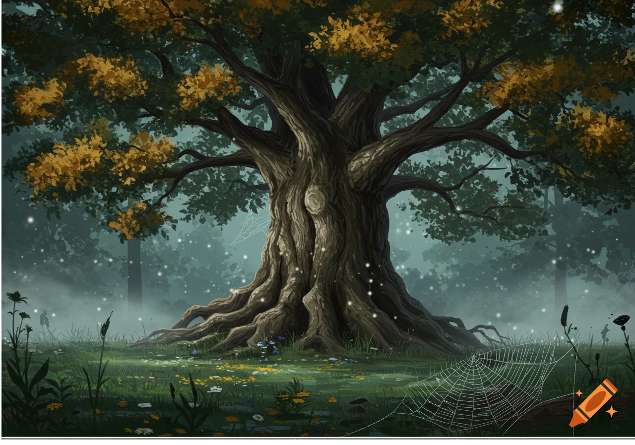 A grand, ancient tree with exposed roots and glowing particles in a misty, magical forest, depicted in a digital illustration style.