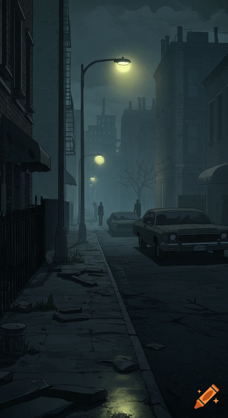 Animated illustration of a dark, eerie 1970s city street at night with vintage cars, streetlights, and shadowy figures.