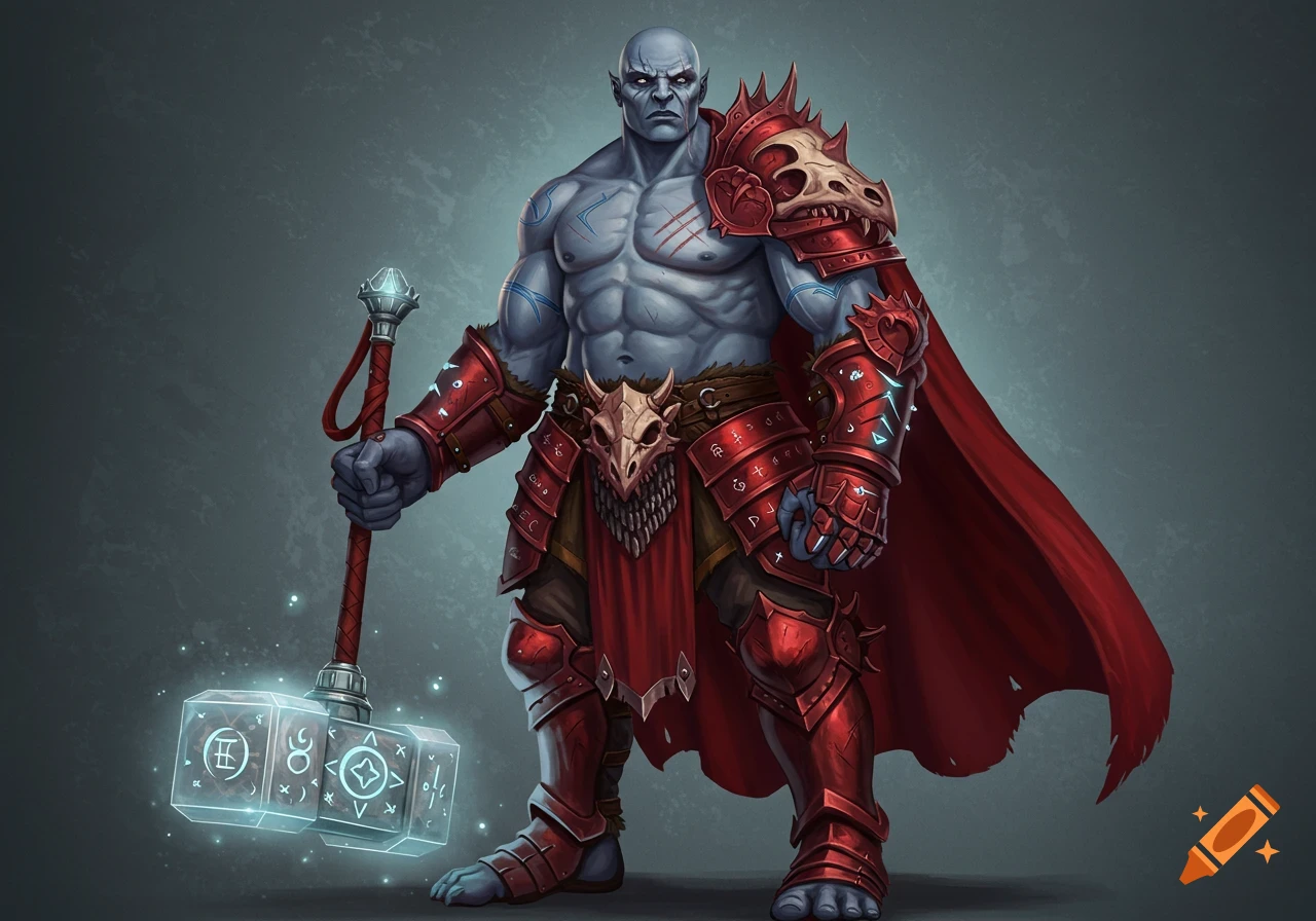 A muscular, bald, blue-gray skinned half-giant barbarian in red dragon bone armor and cape holds a glowing war hammer.