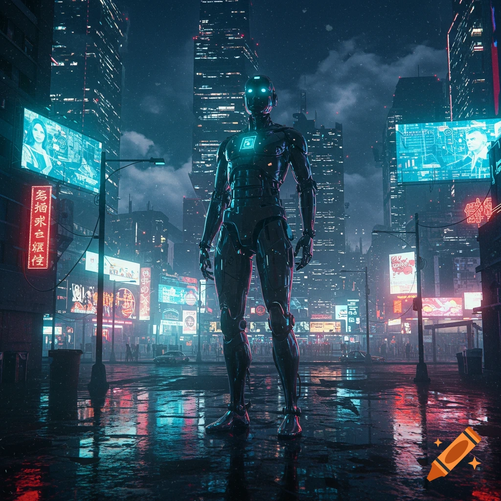 A tall, black robotic figure with glowing blue eyes stands in the middle of a futuristic, neon-lit cyberpunk city at night with wet streets.
