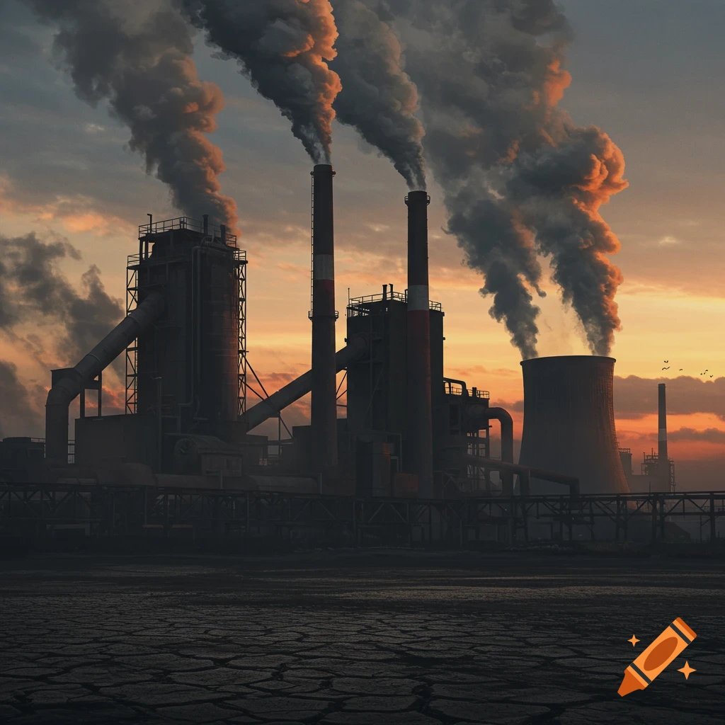 Photorealistic image of an industrial factory with multiple smokestacks emitting thick smoke against a sunset sky and cracked earth.