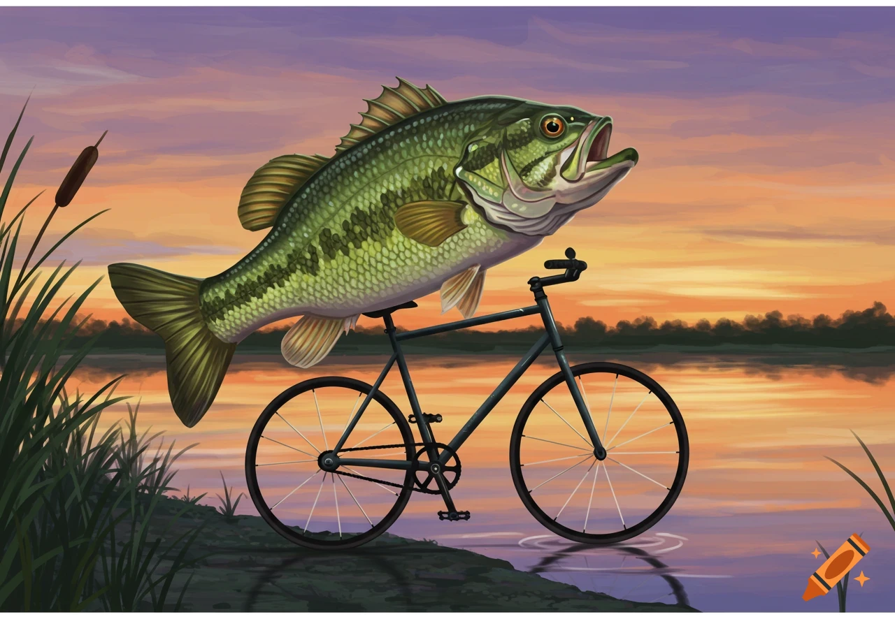 An illustration of a large bass fish balancing on a bicycle by a lake with reeds at sunset.