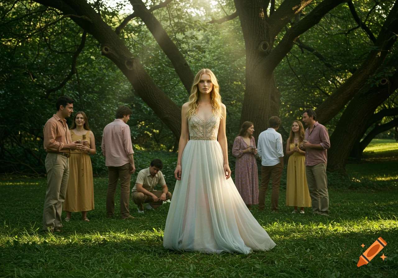 A photorealistic image of a woman in a light formal dress standing in a sunlit forest clearing surrounded by other people.