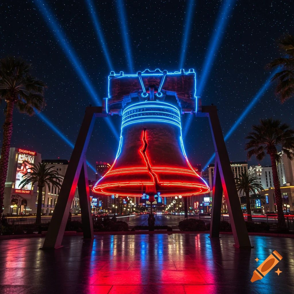 A neon Liberty Bell sculpture glowing red and blue in a Las Vegas-like cityscape at night, with palm trees and reflections.