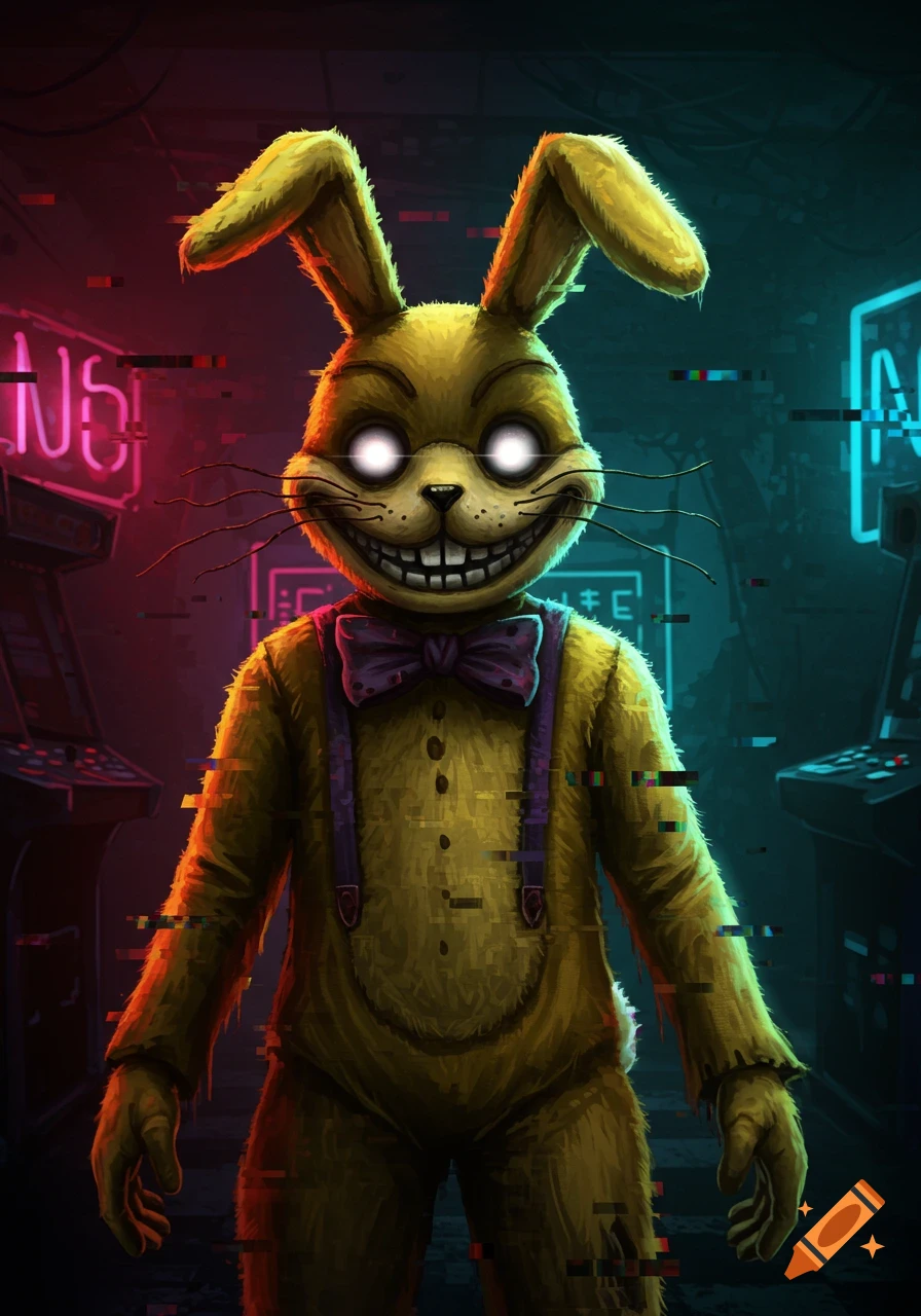 Creepy yellow rabbit with glowing eyes and toothy grin, glitching in a dark arcade with neon signs. Horror art style.