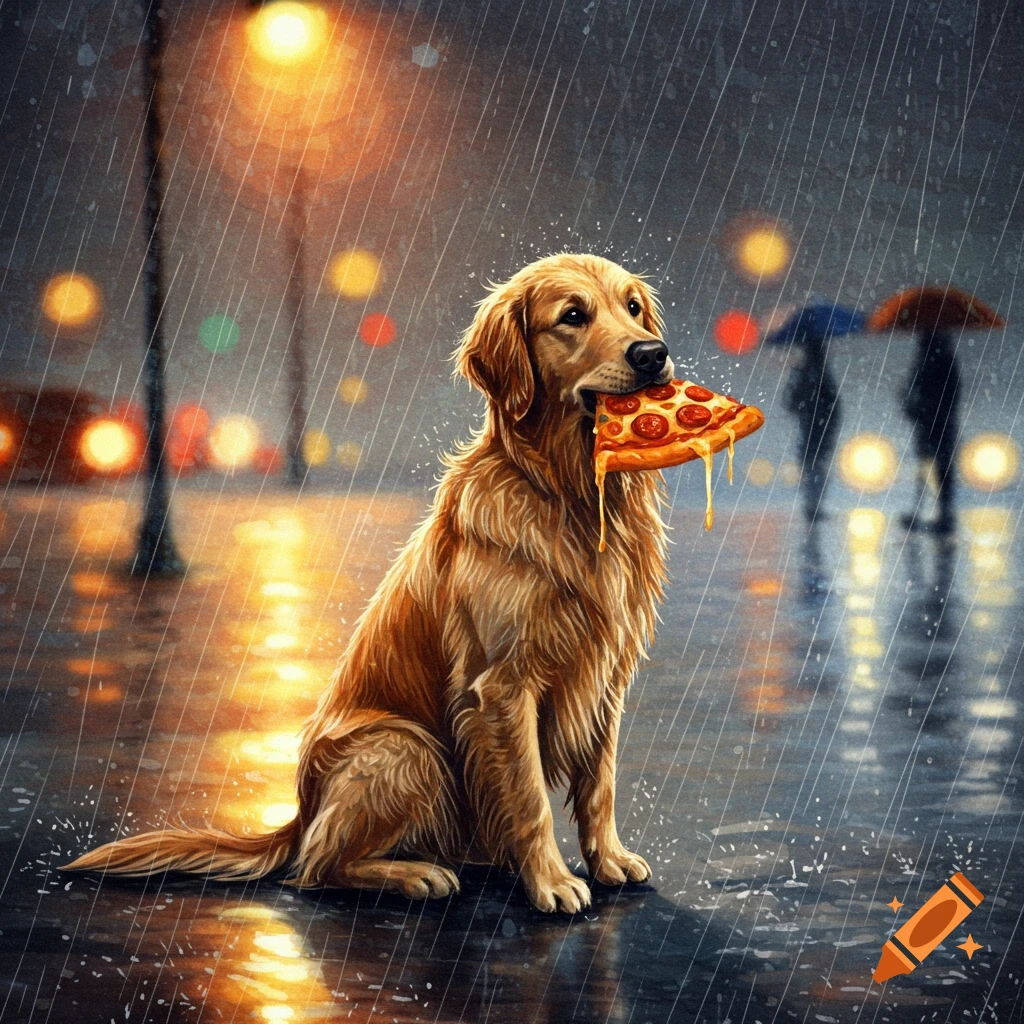 A digital painting of a golden retriever holding a cheesy pizza slice in its mouth, standing in the rain on a city street at night.