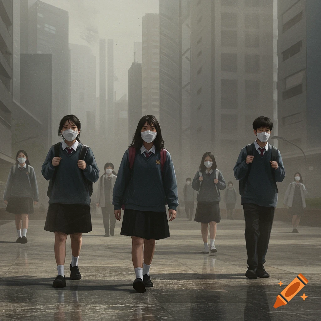 Photorealistic image of students wearing face masks walking on a foggy city street with tall buildings in the background.