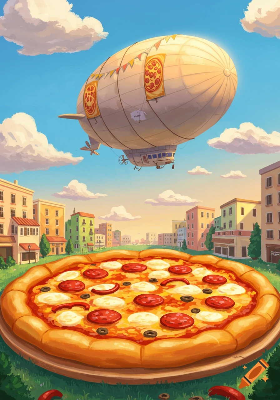 A giant pepperoni and mozzarella pizza rests on green grass in a city park under a pizza-decorated blimp, cartoon style.