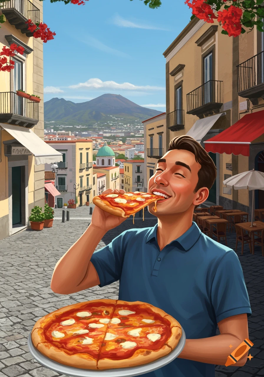 Illustrated man happily eating pizza in an Italian town with a mountain in the background.