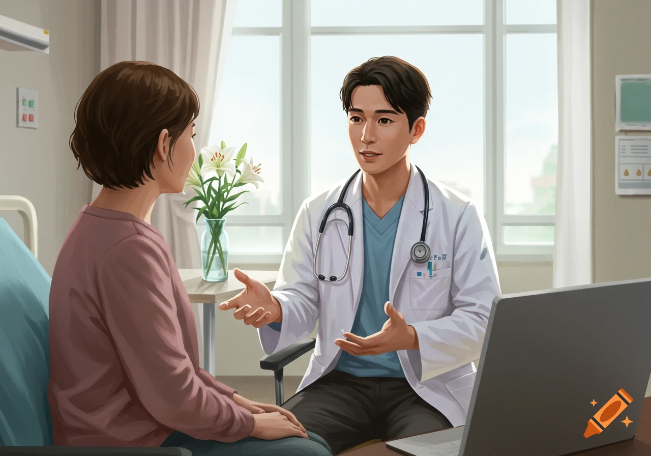 A male doctor in a white coat and stethoscope talks to a female patient in a hospital room, illustrated.