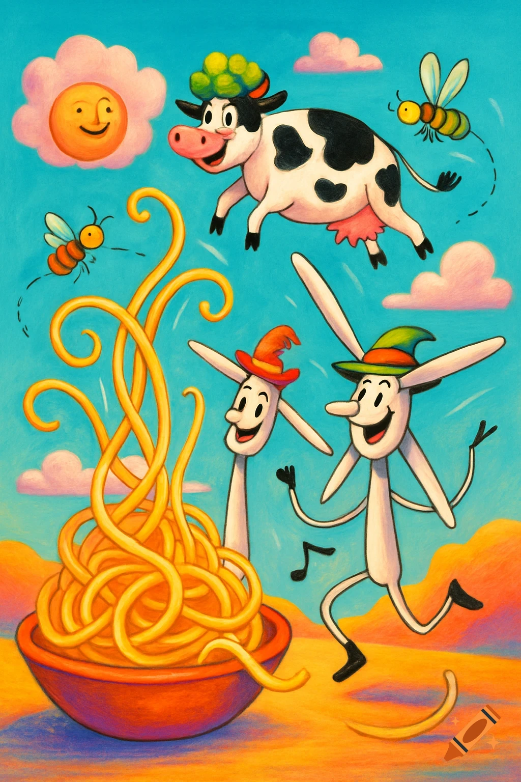 A whimsical cartoon illustration with a flying cow, two dancing figures with hats, bees, a smiling sun cloud, and a large bowl of spaghetti.