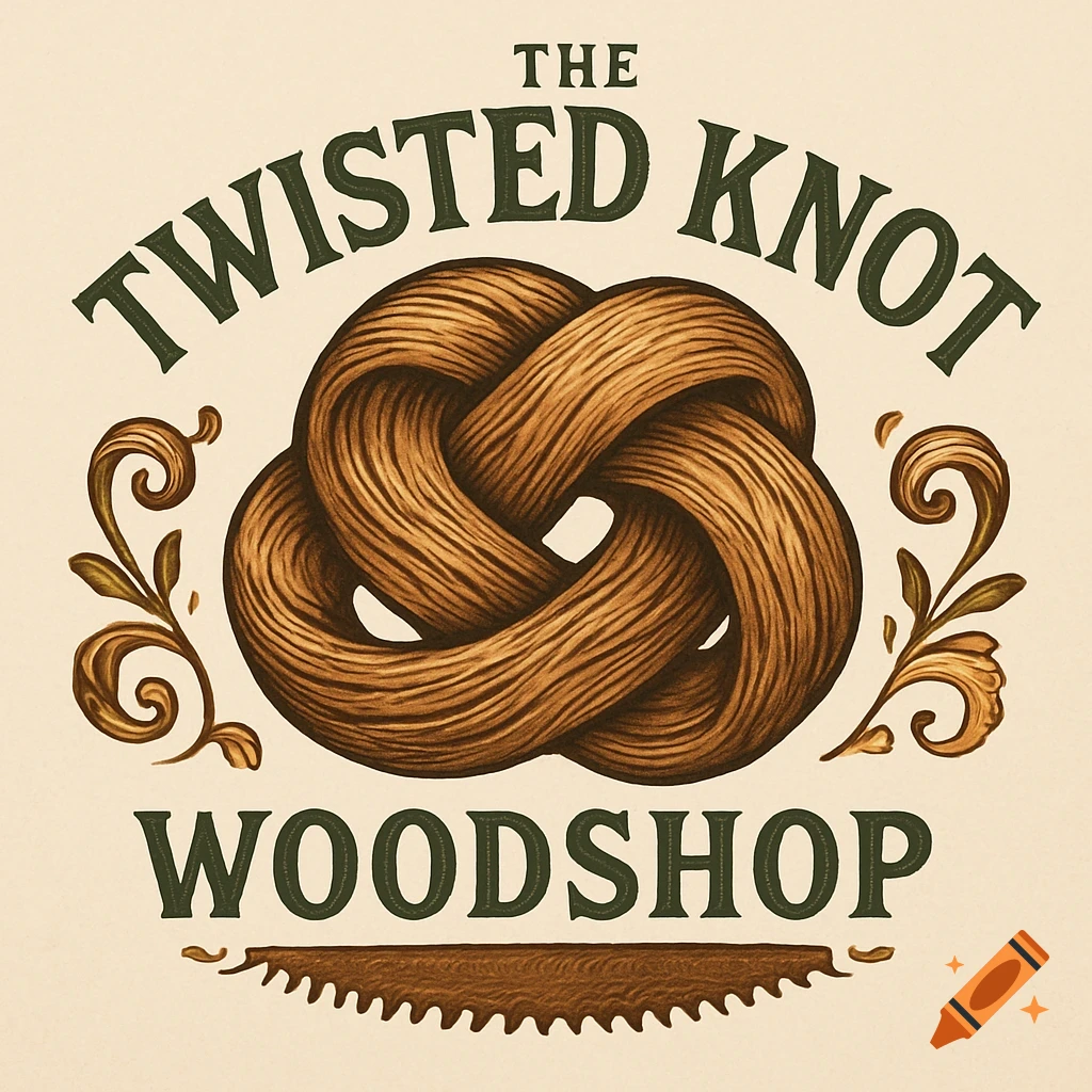 Vintage-style logo for The Twisted Knot Woodshop, featuring a wooden twisted knot, green text, ornamental scrolls, and a saw blade.