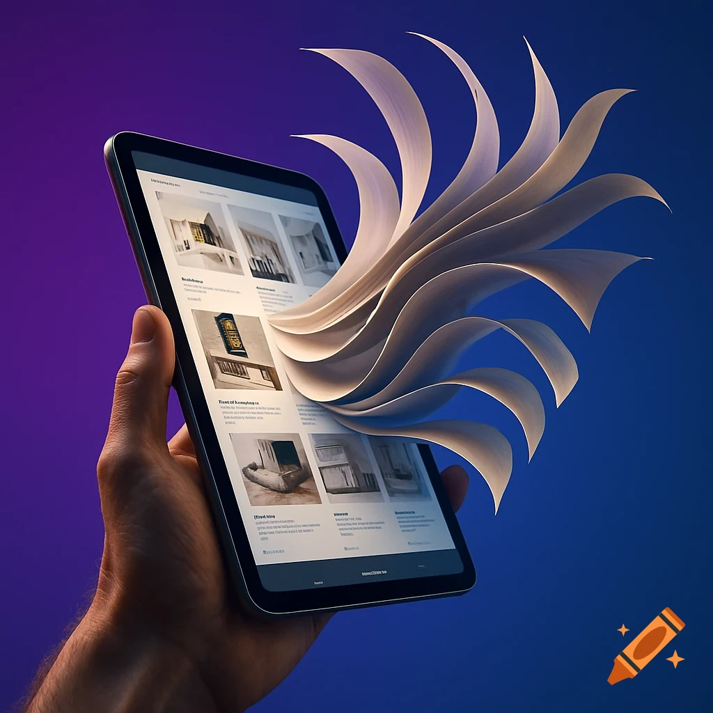A hand holds a tablet from which digital catalog pages dynamically flow, creating an abstract effect against a purple and blue gradient background.