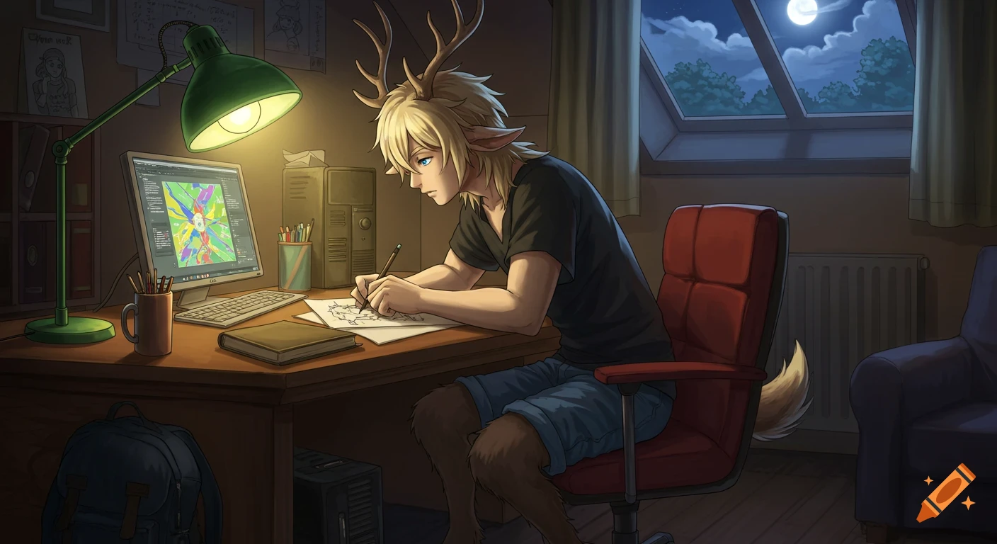 Anime blond satyr with antlers and hooves sits at a desk in his room at night, drawing and looking at a computer monitor.