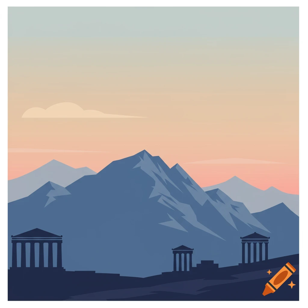 Stylized illustration of blue mountains at sunset, with three ancient Greek temples in the foreground.
