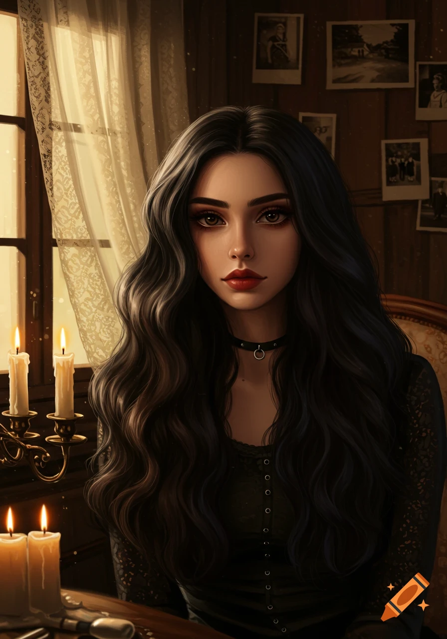 Stylized portrait of a woman with long dark wavy hair, dark makeup, and a choker, sitting in a dimly lit room with candles and old photos.