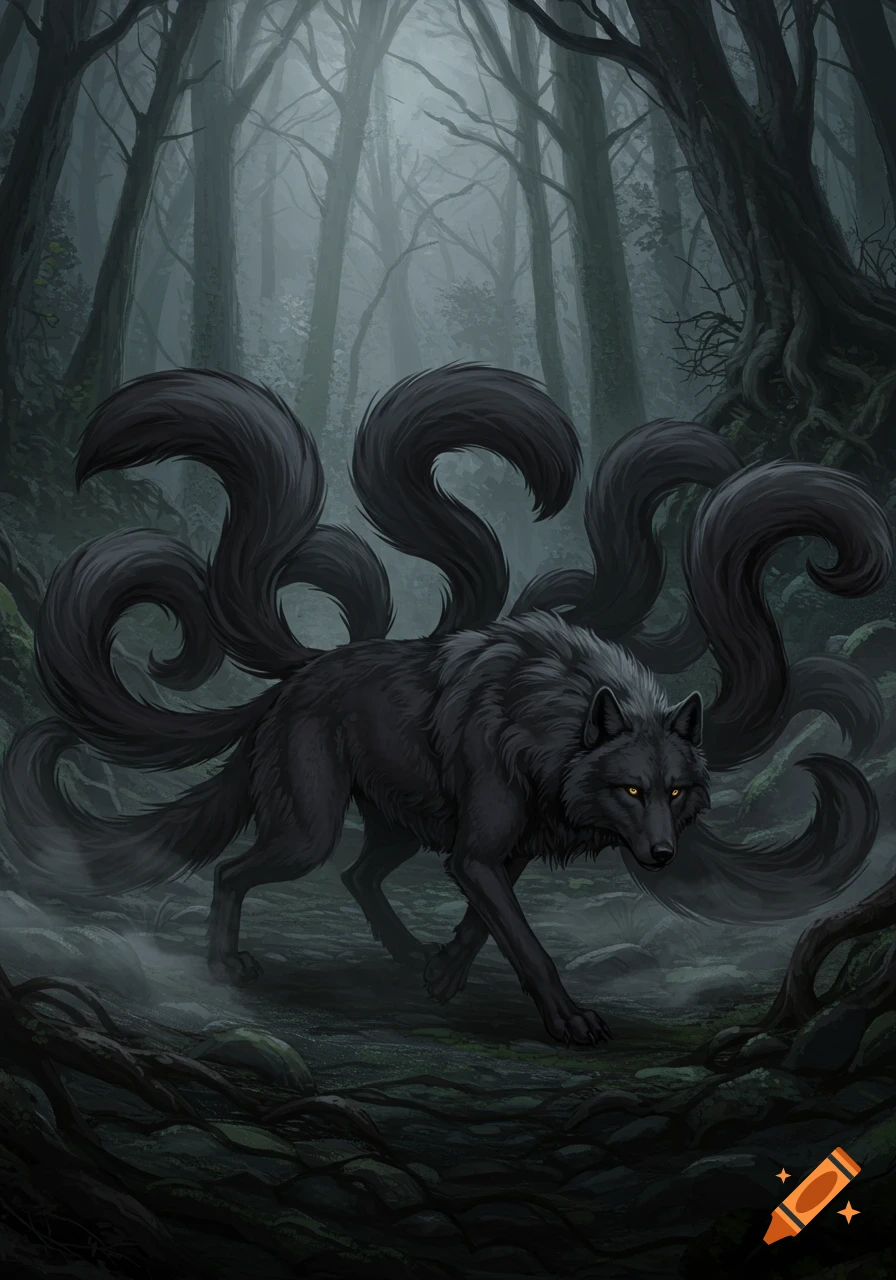 A dark gray ten-tailed wolf with glowing yellow eyes walks through a misty, dark forest.