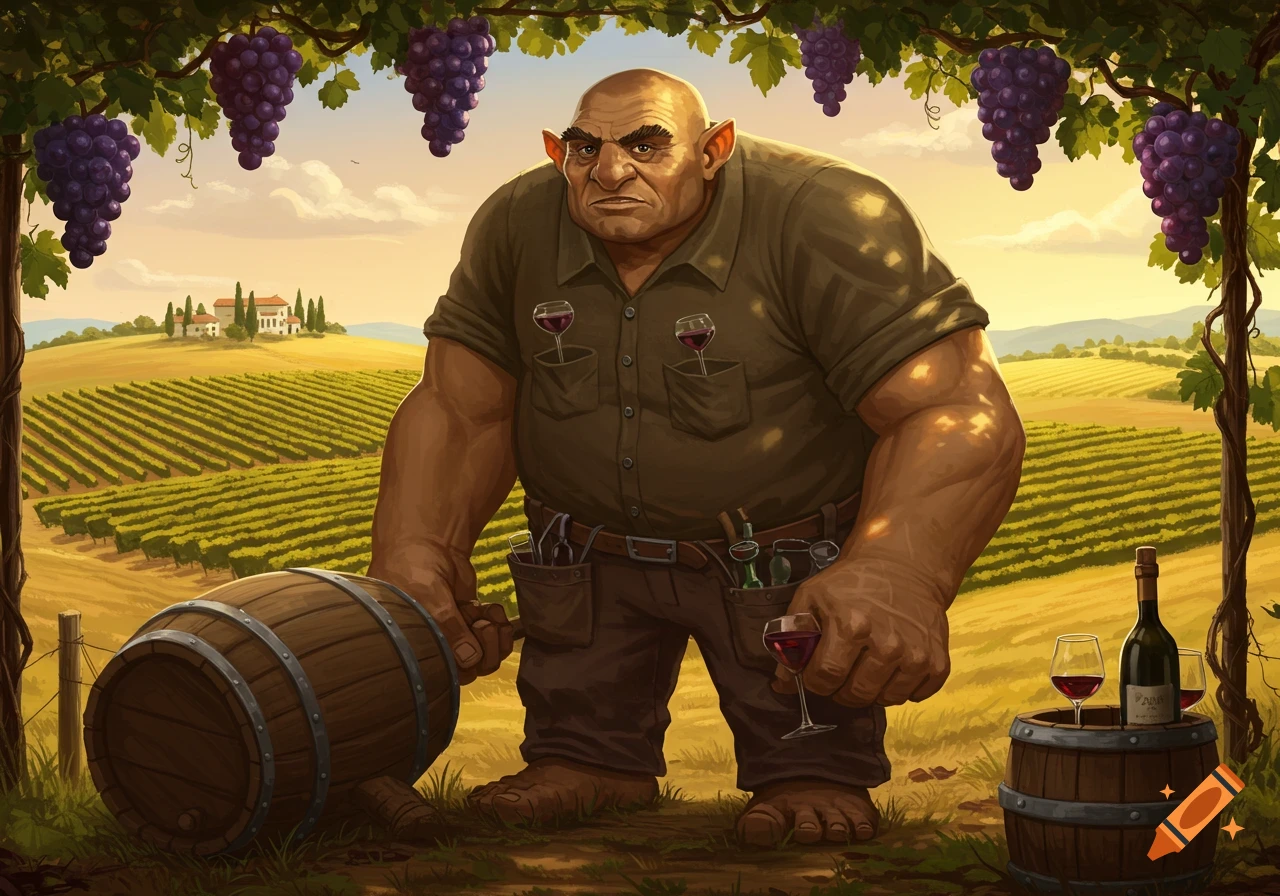 A muscular, bald hill giant with pointed ears wears a shirt and pants with tools in his pockets, holding a wine glass and rolling a barrel in a sunlit vineyard.
