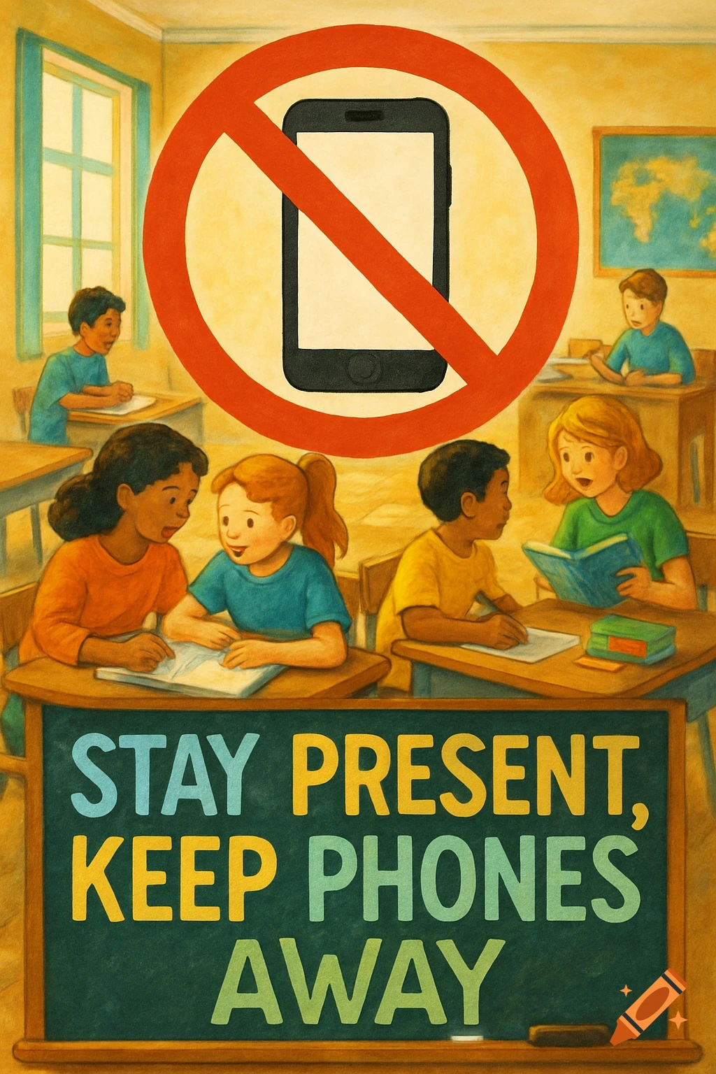 An illustration of a classroom with children and a poster showing a 'no phones' symbol and the text 'STAY PRESENT, KEEP PHONES AWAY'.