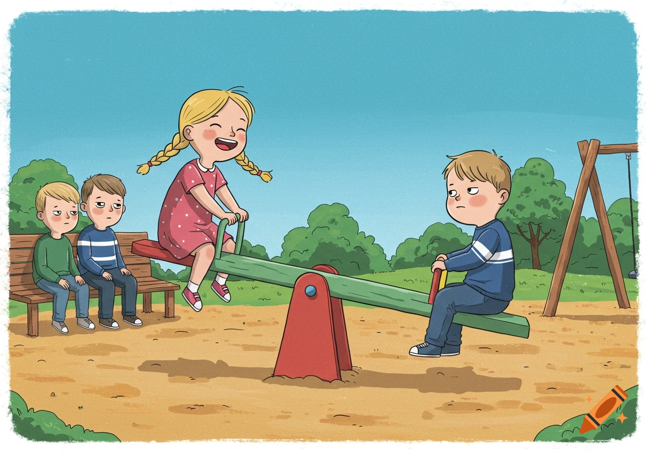 A cartoon illustration shows four children on a playground. A girl and boy are on a seesaw, while two boys sit on a bench looking dissatisfied.