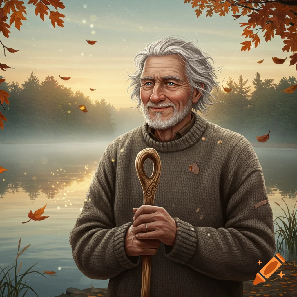 Smiling old man with white hair and beard in a brown sweater, holding a staff by a misty autumn lake with falling leaves. Illustrative.