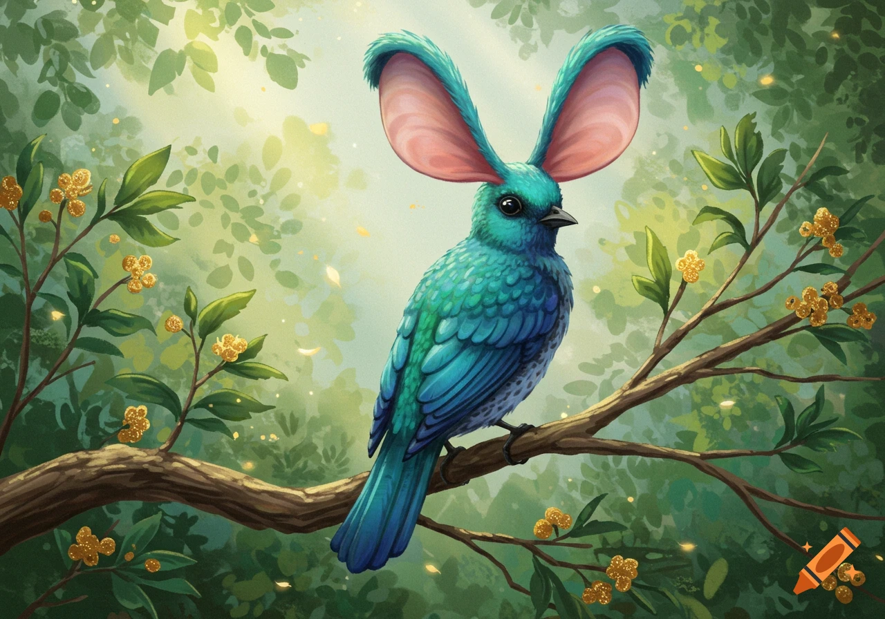 A whimsical blue-green bird with large pink ears perches on a branch in a sunlit forest with golden flowers. Illustration.