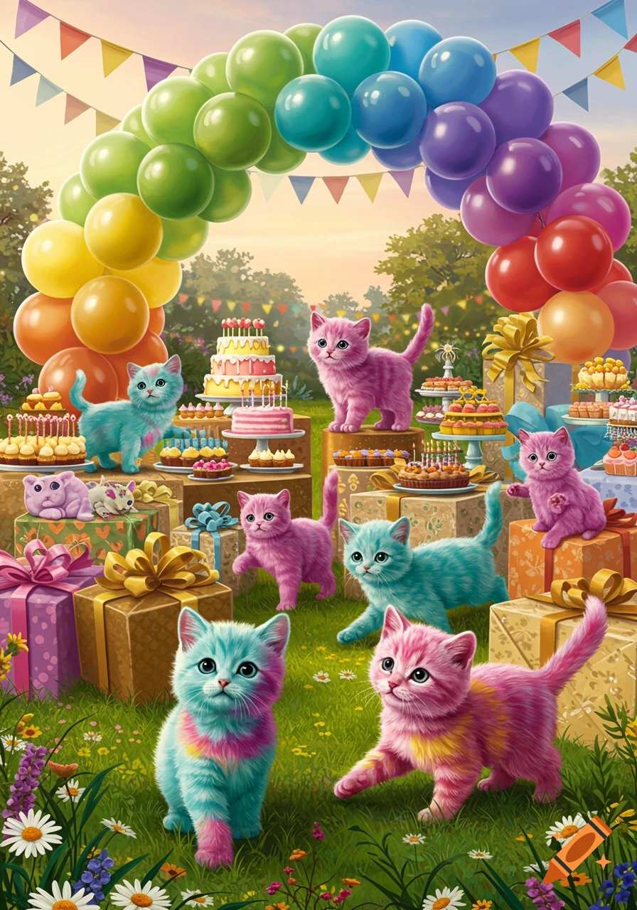 Colorful kittens at a vibrant outdoor birthday party with rainbow balloons, multiple cakes, and wrapped gifts.