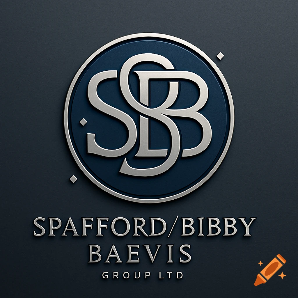 Silver intertwined SSB monogram on a dark blue circle logo, with 'Spafford/Bibby Baevis Group Ltd' text below on a dark grey background.