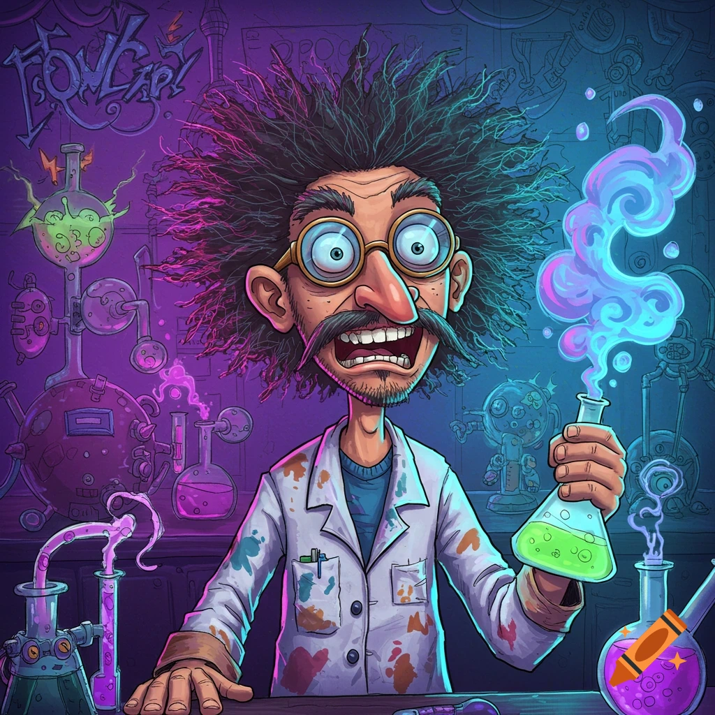 A cartoon of a goofy scientist with wild hair and glasses, wearing a lab coat splattered with colors, holding a bubbling beaker in a neon-lit lab.