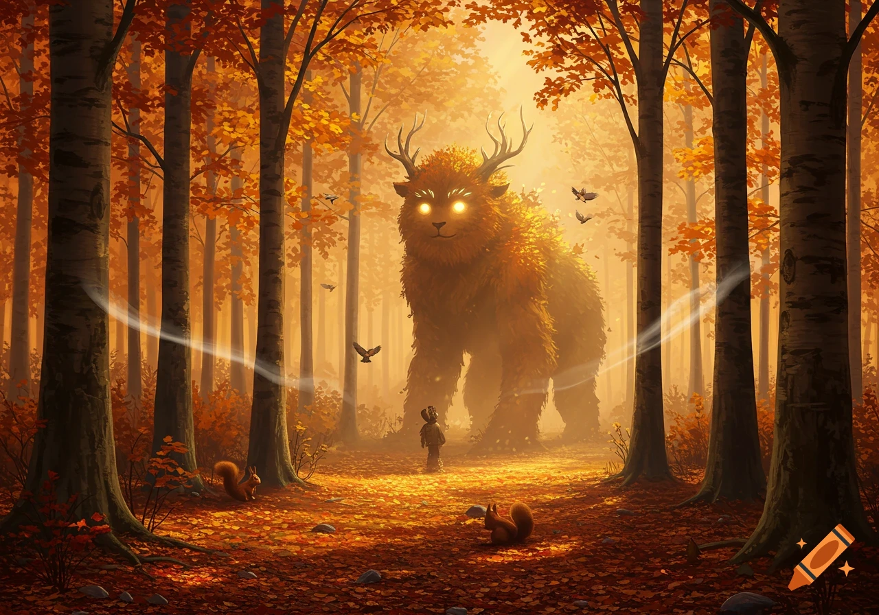 A large, furry monster with antlers and glowing eyes looms over a small child in a vibrant autumn forest.