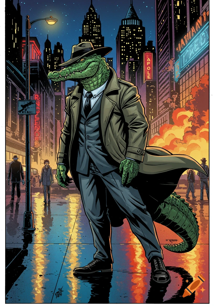 A stylized comic book image of a bipedal alligator in a trench coat and fedora, standing on a wet city street at night, with illuminated buildings in the background.