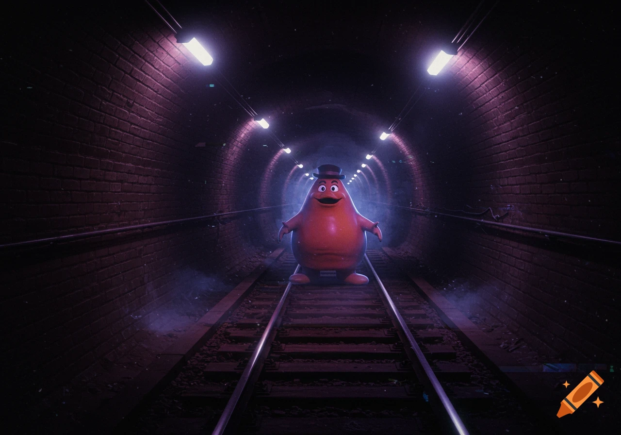 Grimace stands in a dimly lit, purple-hued brick railway tunnel on train tracks, rendered in a VHS footage style.