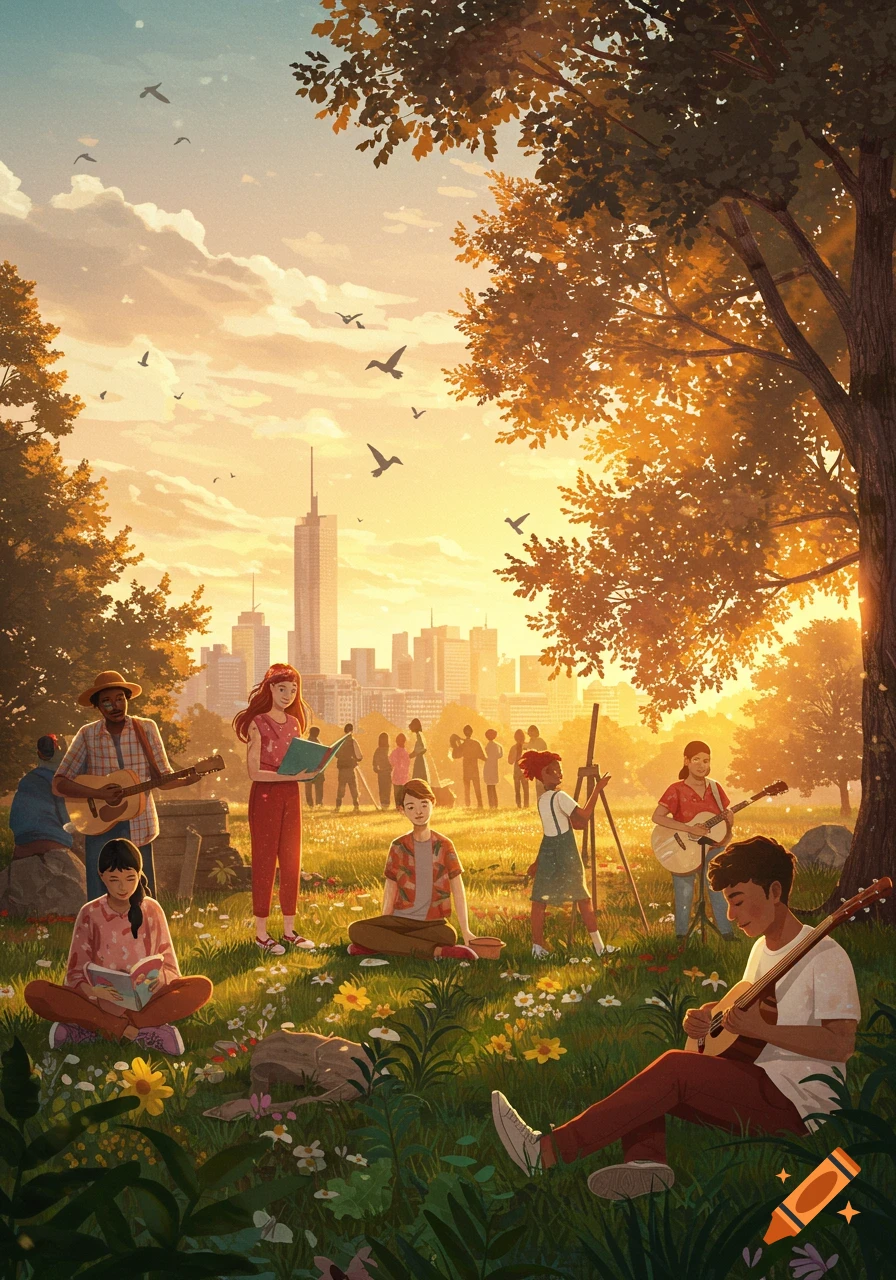 People enjoy a sunny park at sunset, playing music, reading, and painting, with a city skyline in the background.