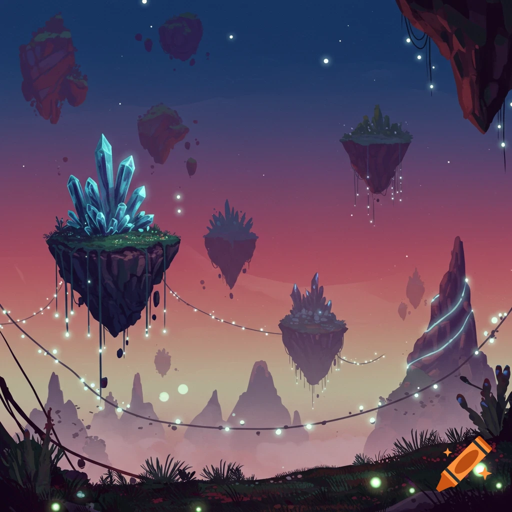 Digital illustration of glowing blue crystals on floating islands and string lights against a twilight fantasy landscape.