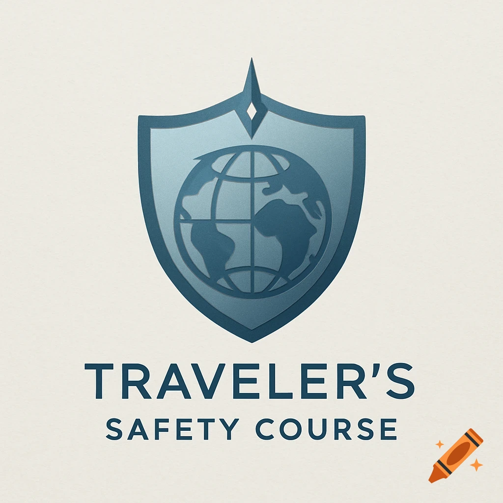 A blue shield logo with a globe inside, above the text "TRAVELER'S SAFETY COURSE" on a light background.
