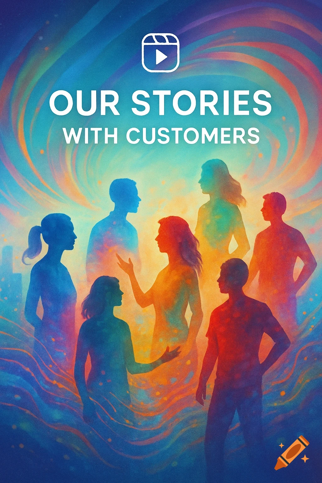 Abstract illustration of diverse people silhouettes with 'OUR STORIES WITH CUSTOMERS' text and Instagram Reels icon.