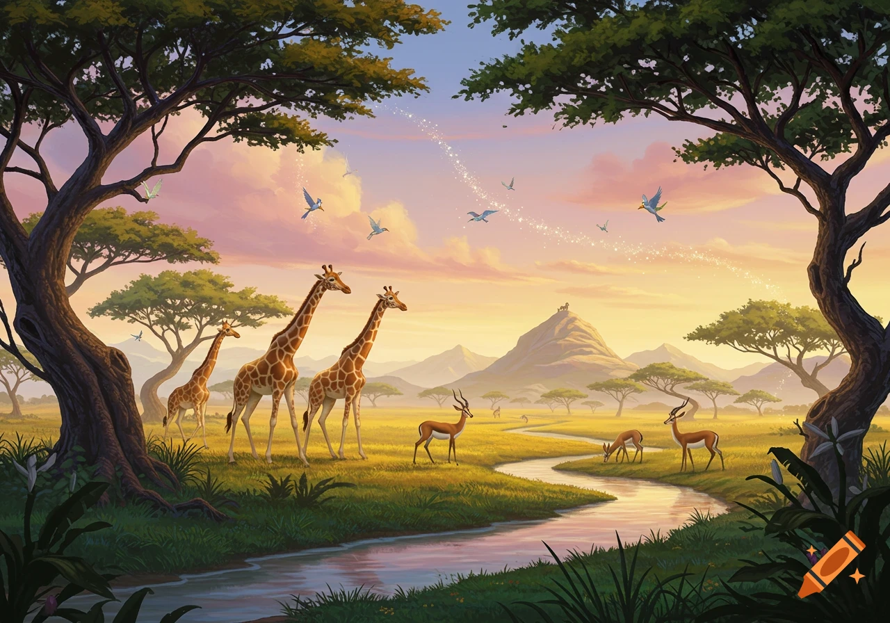 A cartoon savanna at sunset with giraffes, gazelles, and birds near a winding river, in a Disney-like style.