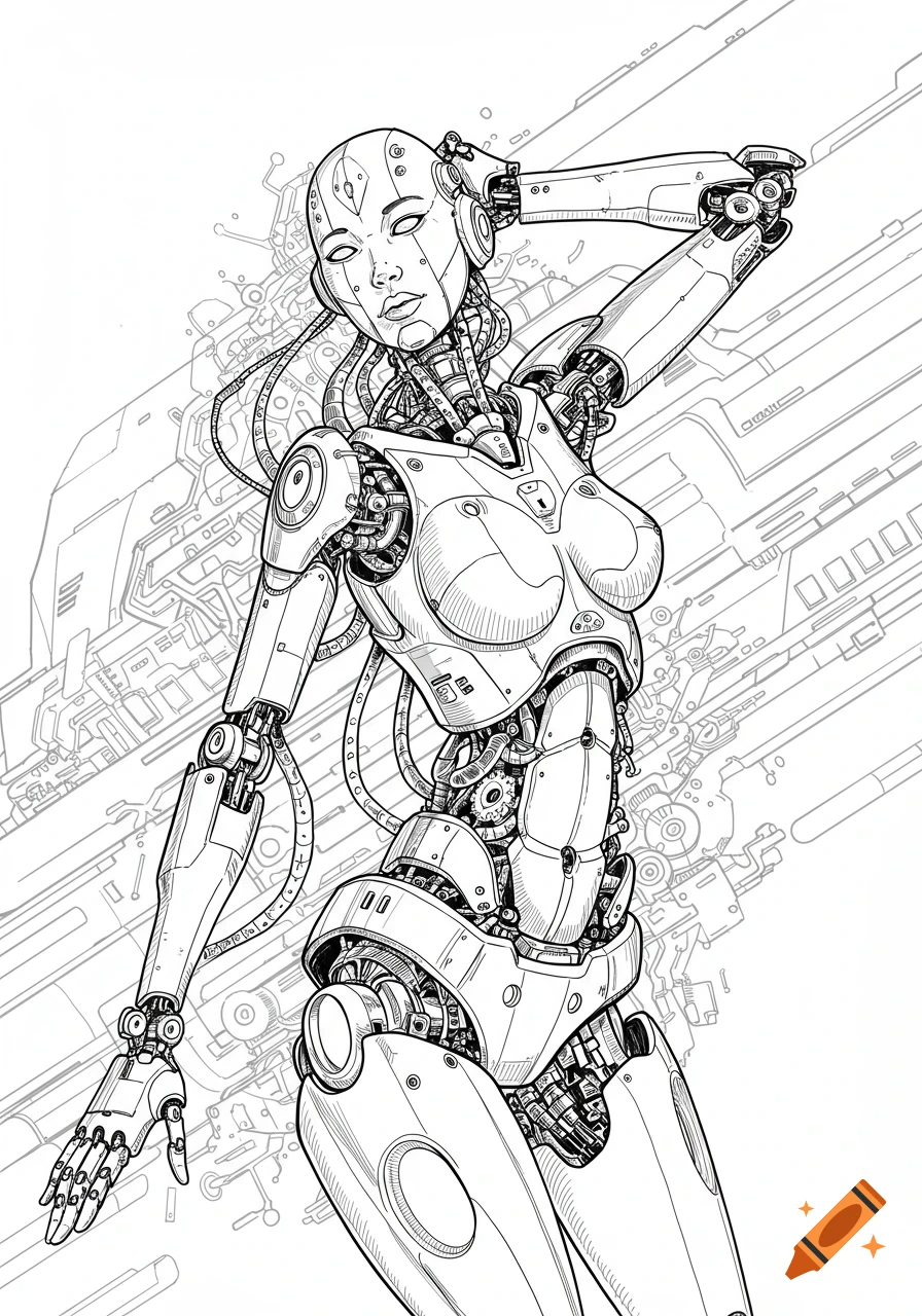 Detailed line art of a humanoid robot woman with exposed machinery against a technical background.